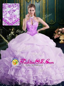 Superior Halter Top Pick Ups Lavender Sleeveless Organza Brush Train Lace Up 15th Birthday Dress for Military Ball and Sweet 16 and Quinceanera