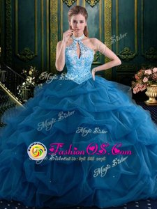 Halter Top Floor Length Lace Up Quinceanera Dresses Navy Blue and In for Military Ball and Sweet 16 and Quinceanera with Beading and Pick Ups
