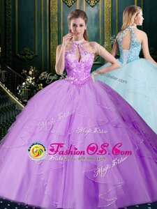 Cute Floor Length Lavender Sweet 16 Dress Halter Top Sleeveless Lace Up