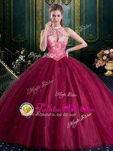 Halter Top Burgundy Sleeveless Beading and Lace and Appliques Floor Length Sweet 16 Dresses