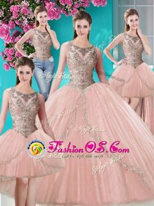 On Sale Four Piece Peach Ball Gowns Scoop Sleeveless Tulle Floor Length Lace Up Beading and Appliques Ball Gown Prom Dress