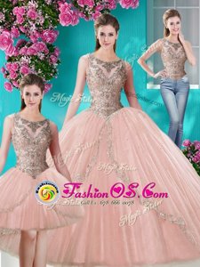 Three Piece Scoop Tulle Sleeveless Floor Length Sweet 16 Dresses and Beading and Appliques