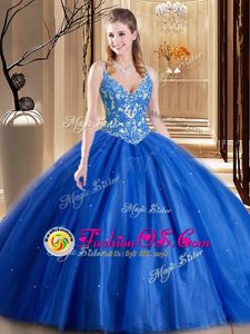 Floor Length Lace Up Quinceanera Dresses Blue and In for Military Ball and Sweet 16 and Quinceanera with Beading and Appliques