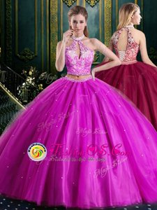 Dynamic Halter Top Fuchsia Two Pieces High-neck Sleeveless Tulle Floor Length Lace Up Beading and Lace and Appliques Ball Gown Prom Dress