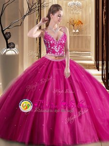 Gorgeous Hot Pink Sleeveless Beading and Appliques Floor Length Quinceanera Gowns