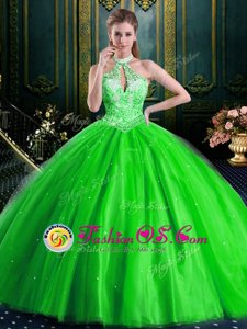 Comfortable Halter Top Sleeveless 15th Birthday Dress Floor Length Beading Tulle
