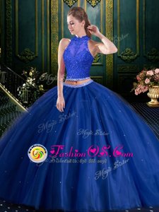 Captivating Two Pieces 15th Birthday Dress Navy Blue High-neck Tulle Sleeveless Floor Length Lace Up