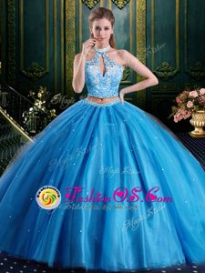 Custom Fit Halter Top Floor Length Lace Up Quince Ball Gowns Baby Blue and In for Military Ball and Sweet 16 and Quinceanera with Beading and Lace and Appliques