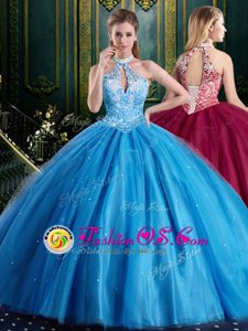 Halter Top Baby Blue Sleeveless Floor Length Beading and Lace and Appliques Lace Up Sweet 16 Quinceanera Dress