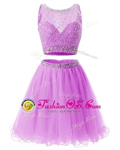 Excellent Rose Pink Sleeveless Beading and Belt Mini Length