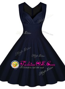 Charming Navy Blue Satin Zipper Sleeveless Knee Length Ruching
