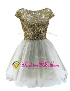 Luxury White A-line Bateau Cap Sleeves Chiffon Mini Length Zipper Sequins Celebrity Inspired Dress