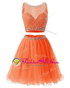 Designer Scoop Mini Length Backless Homecoming Dress Orange and In for Prom and Party with Beading and Belt