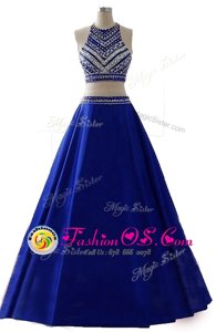 Scoop Sleeveless Chiffon Floor Length Zipper Prom Party Dress in Royal Blue for with Beading