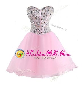 Sleeveless Organza Mini Length Lace Up Evening Dress in Pink for with Beading