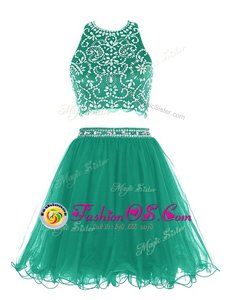 Exceptional Scoop Mini Length Clasp Handle Evening Dress Green and In for Prom and Party with Beading