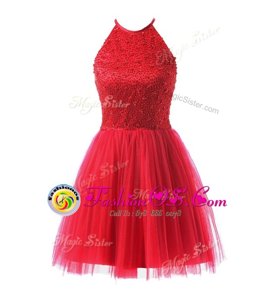 Trendy Coral Red Scoop Zipper Beading Dress for Prom Sleeveless