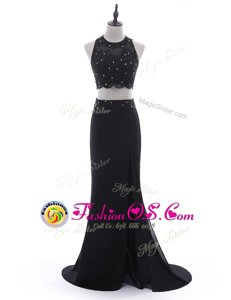 Black Scoop Side Zipper Beading and Lace Formal Evening Gowns Brush Train Sleeveless