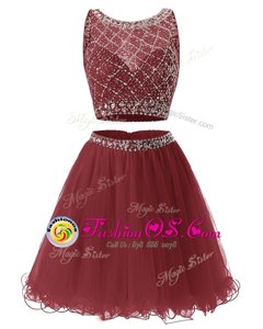 Sleeveless Mini Length Beading and Belt Side Zipper Prom Dresses with Burgundy