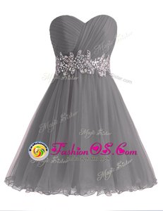 Sweetheart Sleeveless Prom Dress Knee Length Beading and Ruching Grey Chiffon