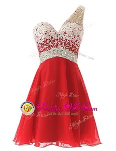 Admirable Red One Shoulder Criss Cross Beading Evening Dress Sleeveless