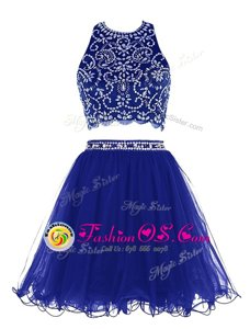 Popular Empire Evening Dress Royal Blue Scoop Chiffon Sleeveless Mini Length Criss Cross