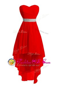 Sophisticated Red Sleeveless High Low Belt Lace Up Prom Dresses