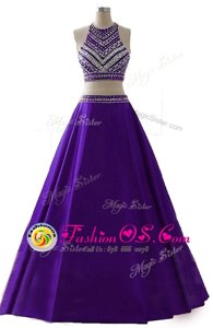 Delicate Scoop Sleeveless Evening Wear Floor Length Beading Purple Chiffon