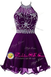 Ideal Halter Top Mini Length Purple Prom Dress Organza Sleeveless Beading