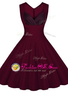 Great Sleeveless Satin Knee Length Zipper Prom Gown in Burgundy for with Ruching