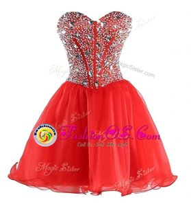 Beautiful Mini Length Coral Red Club Wear Organza Sleeveless Beading