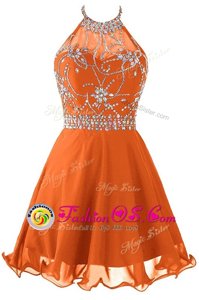 Halter Top Sleeveless Mini Length Beading Orange Organza