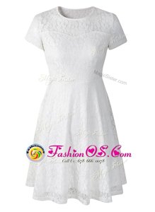 Popular Scoop Short Sleeves Organza Tea Length Side Zipper in White for with Lace
