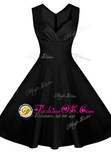Most Popular Black A-line Bateau Short Sleeves Satin Tea Length Side Zipper Ruching Prom Dresses