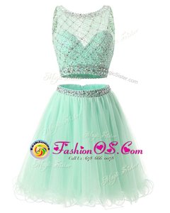Mini Length Green Prom Dress Organza Sleeveless Beading and Belt