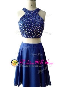 Amazing Scoop Blue Zipper Prom Dresses Beading Sleeveless Knee Length