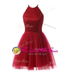 Custom Made Scoop Wine Red Chiffon Zipper Homecoming Dress Sleeveless Knee Length Beading