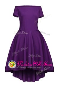 Purple Side Zipper Evening Dress Ruching Short Sleeves Tea Length