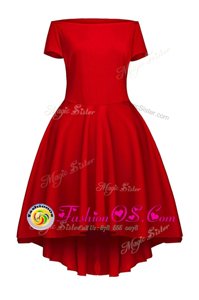 Wine Red A-line Bateau Short Sleeves Satin Tea Length Side Zipper Ruching Celebrity Dress