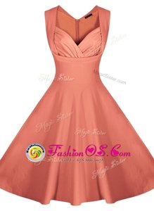 Peach Satin Zipper Prom Dress Sleeveless Knee Length Ruching