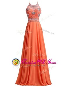 Popular Sweep Train A-line Evening Dress Orange Red Scoop Chiffon Sleeveless Zipper