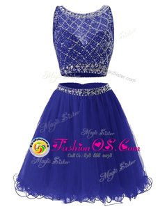 Most Popular Scoop Royal Blue Side Zipper Prom Evening Gown Beading and Belt Sleeveless Mini Length