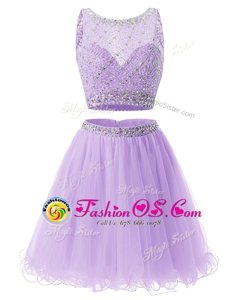 Lavender Sleeveless Mini Length Beading and Belt Side Zipper Evening Dress