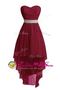Custom Made Burgundy Organza Lace Up Sweetheart Sleeveless High Low Prom Party Dress Belt