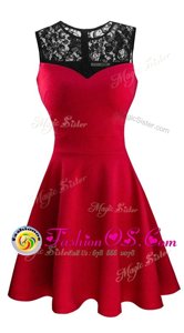 Scoop Sleeveless Club Wear Tea Length Lace Red Satin