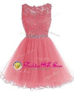 Discount Watermelon Red Zipper Scoop Beading and Lace Evening Dress Chiffon Sleeveless