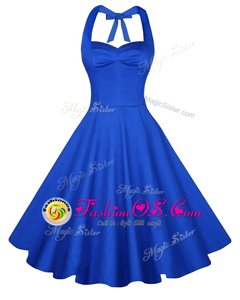 Blue A-line Sweetheart Sleeveless Satin Knee Length Backless Ruching Prom Evening Gown
