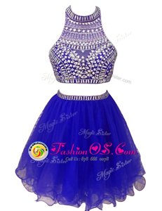 Beautiful High-neck Sleeveless Zipper Prom Party Dress Royal Blue Chiffon