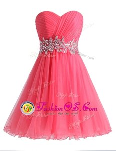 Sumptuous Hot Pink Chiffon and Tulle Lace Up Prom Gown Sleeveless Knee Length Beading and Ruching