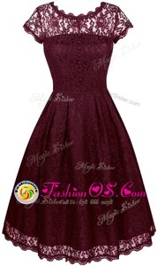 Comfortable Burgundy Zipper Scalloped Lace Prom Gown Organza Short Sleeves